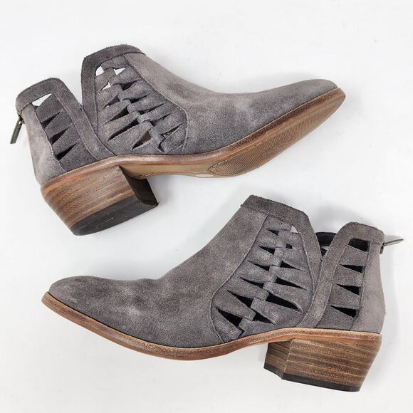 Vince Camuto Ankle Booties Women 7.5M Peera Grey Suede Cutouts Heel Zip - Picture 7 of 10
